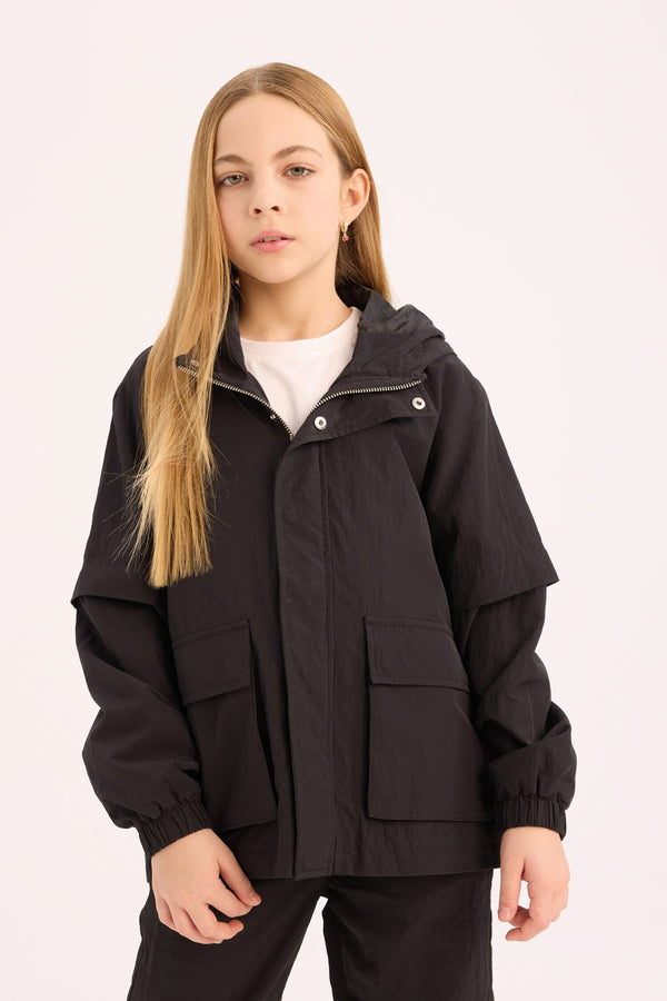 Water Repellent Hooded Zipper Snap Pocket Raincoat Girls