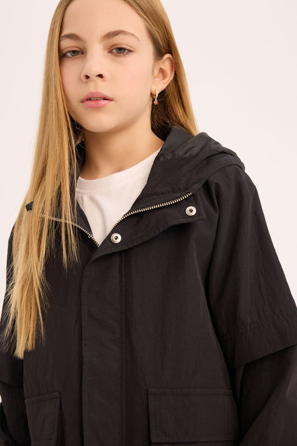 Water Repellent Hooded Zipper Snap Pocket Raincoat Girls