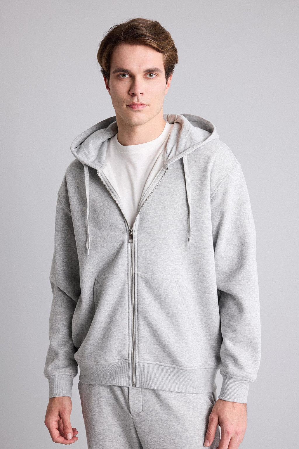 Relax Fit Hooded Soft Furry Inside Basic Plain Pocket Thick Zippered Sweatshirt