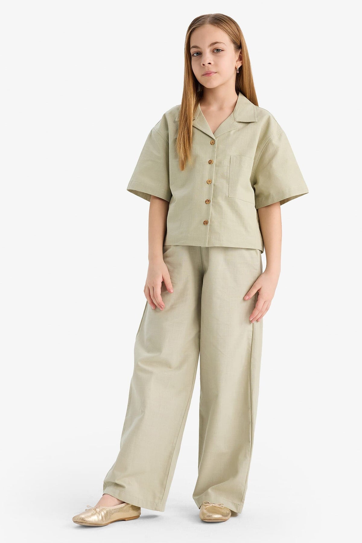Girl Linen Short Sleeve Crop Shirt