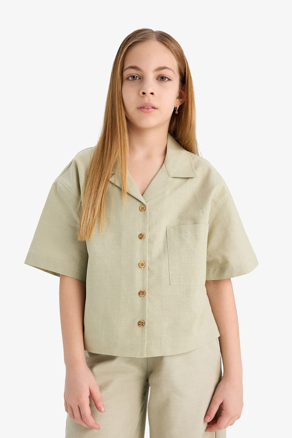 Girl Linen Short Sleeve Crop Shirt