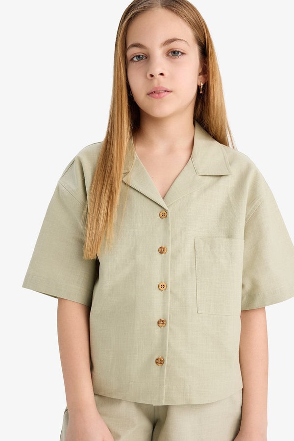 Girl Linen Short Sleeve Crop Shirt