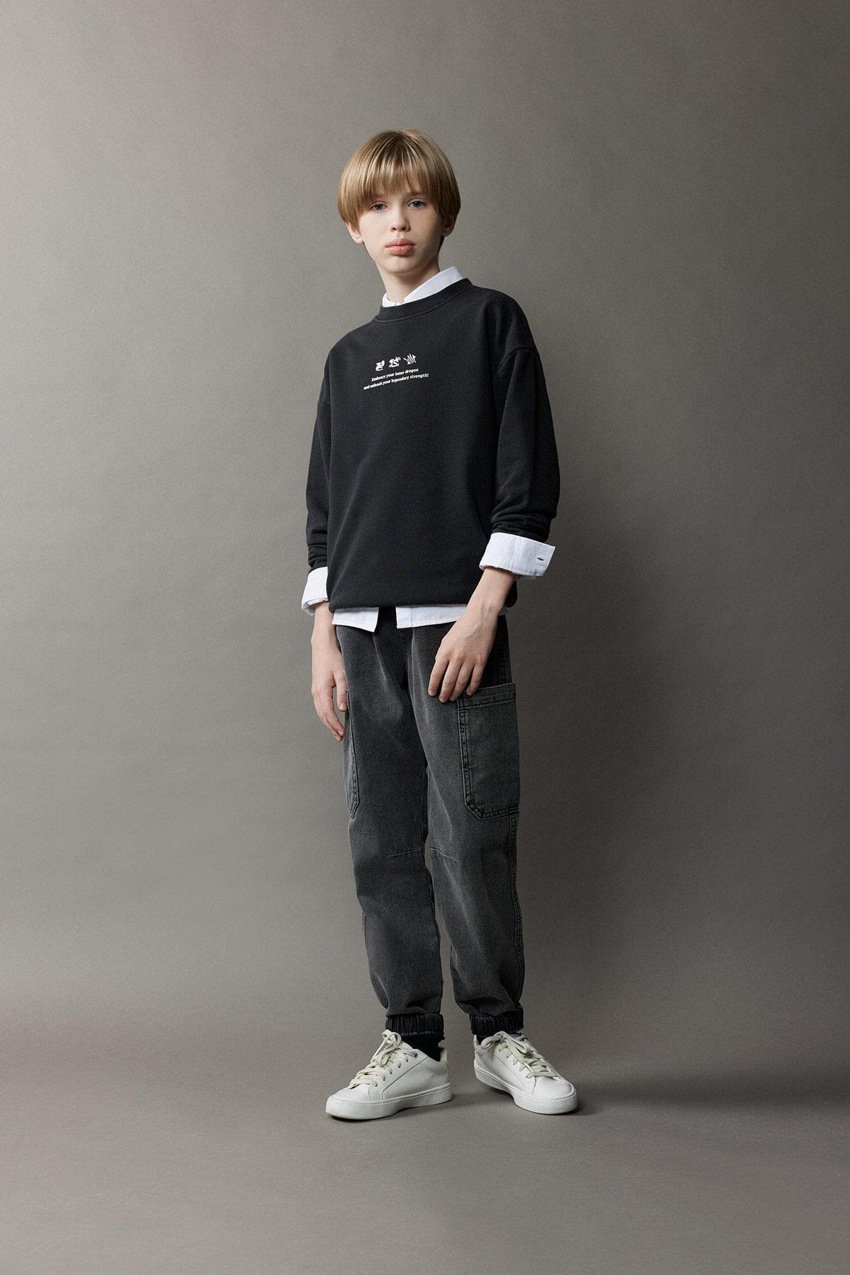 Oversize Wide Fit Crew Neck Back Printed Washed Faded Effect Sweatshirt Boys