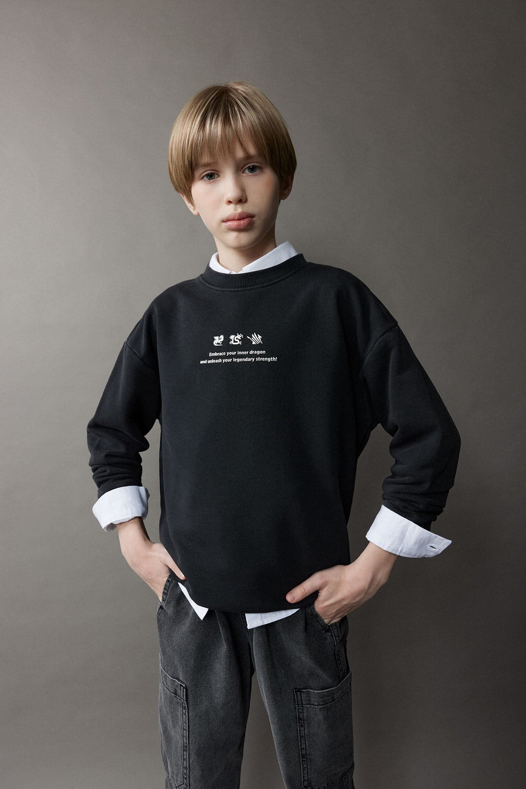 Oversize Wide Fit Crew Neck Back Printed Washed Faded Effect Sweatshirt Boys