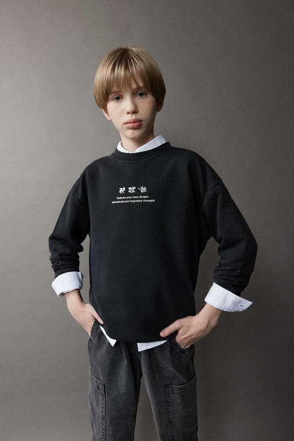 Oversize Wide Fit Crew Neck Back Printed Washed Faded Effect Sweatshirt Boys