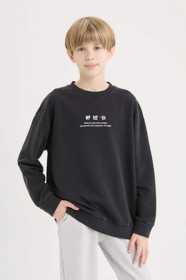 Oversize Wide Fit Crew Neck Back Printed Washed Faded Effect Sweatshirt Boys