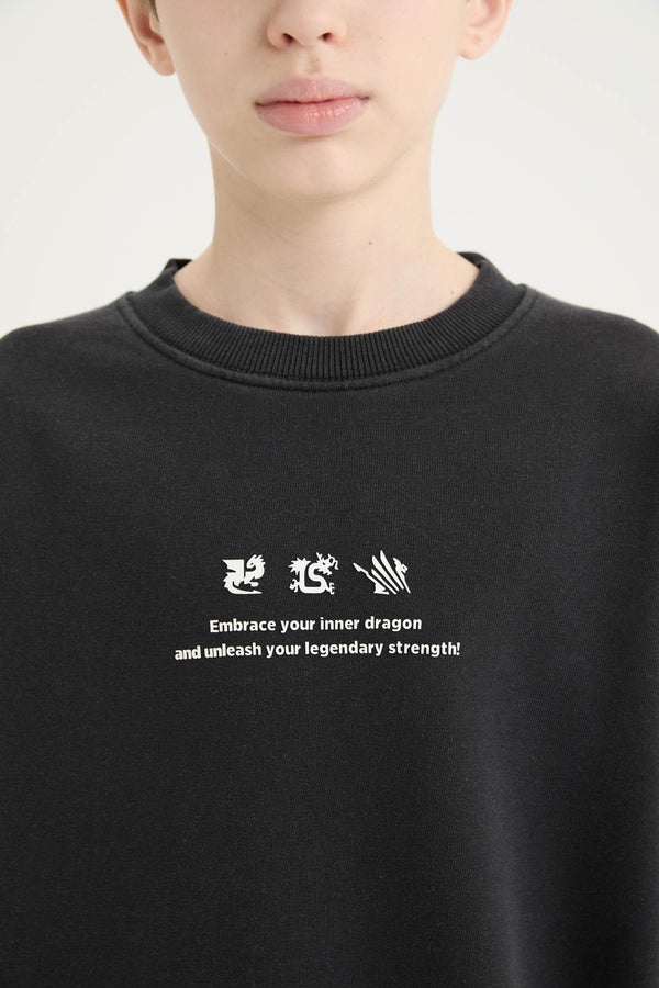 Oversize Wide Fit Crew Neck Back Printed Washed Faded Effect Sweatshirt Boys