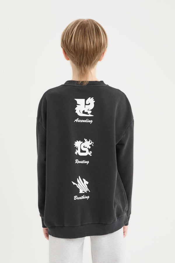 Oversize Wide Fit Crew Neck Back Printed Washed Faded Effect Sweatshirt Boys