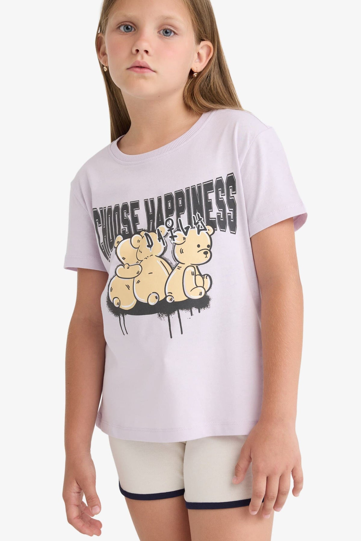 Girl Kids Bicycle Collar Printed Short Sleeve T-shirt