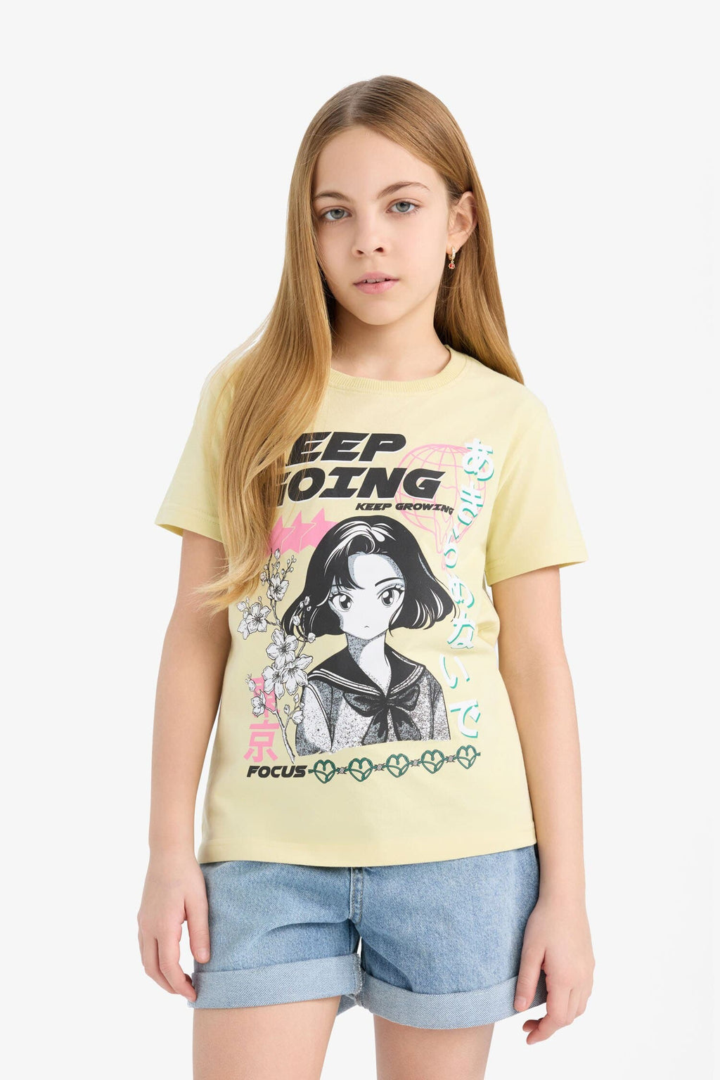 Girl Regular Fit Crew Neck Anime Print T-Shirt