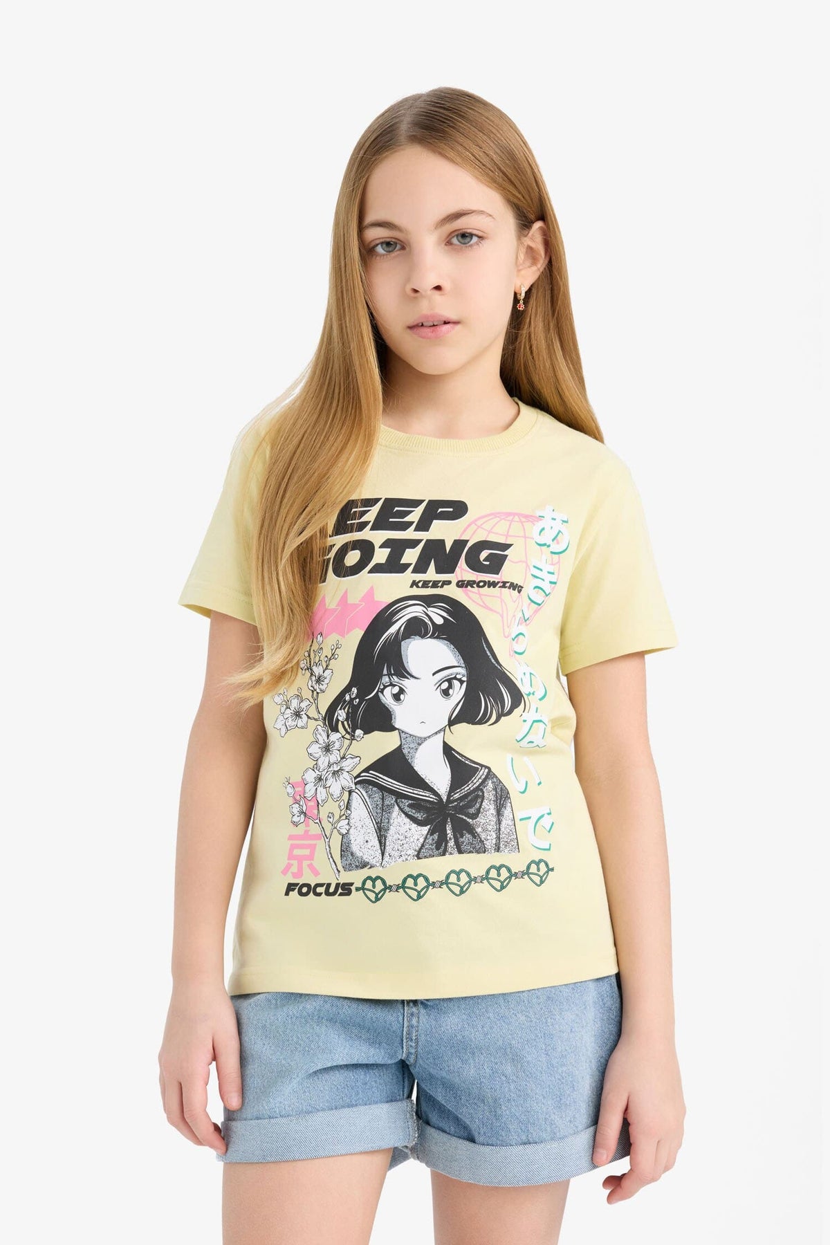 Girl Regular Fit Crew Neck Anime Print T-Shirt