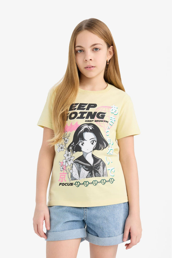 Girl Regular Fit Crew Neck Anime Print T-Shirt