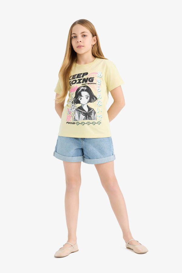 Girl Regular Fit Crew Neck Anime Print T-Shirt