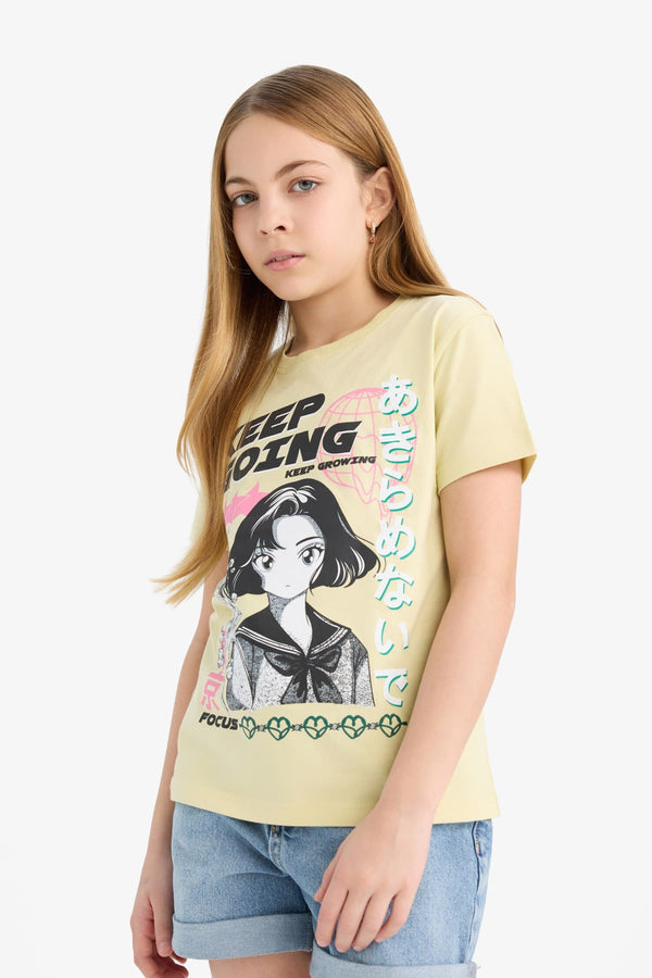 Girl Regular Fit Crew Neck Anime Print T-Shirt