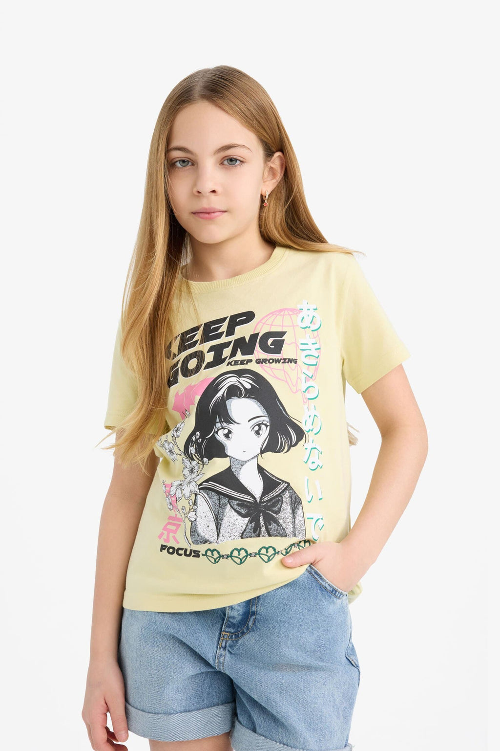 Girl Regular Fit Crew Neck Anime Print T-Shirt