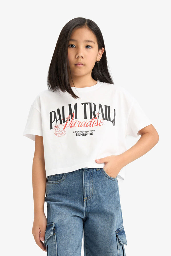 Girl Kids Bicycle Collar Printed Short Sleeve T-shirt