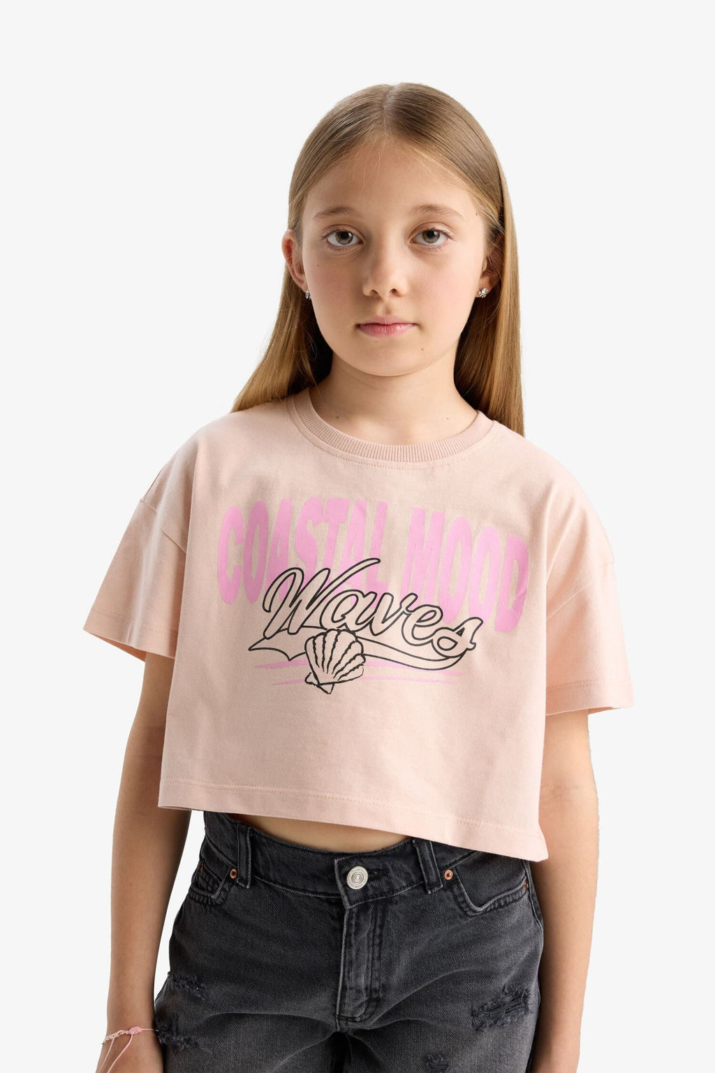Girls Crop Crew Neck Printed Short Sleeve T-Shirt