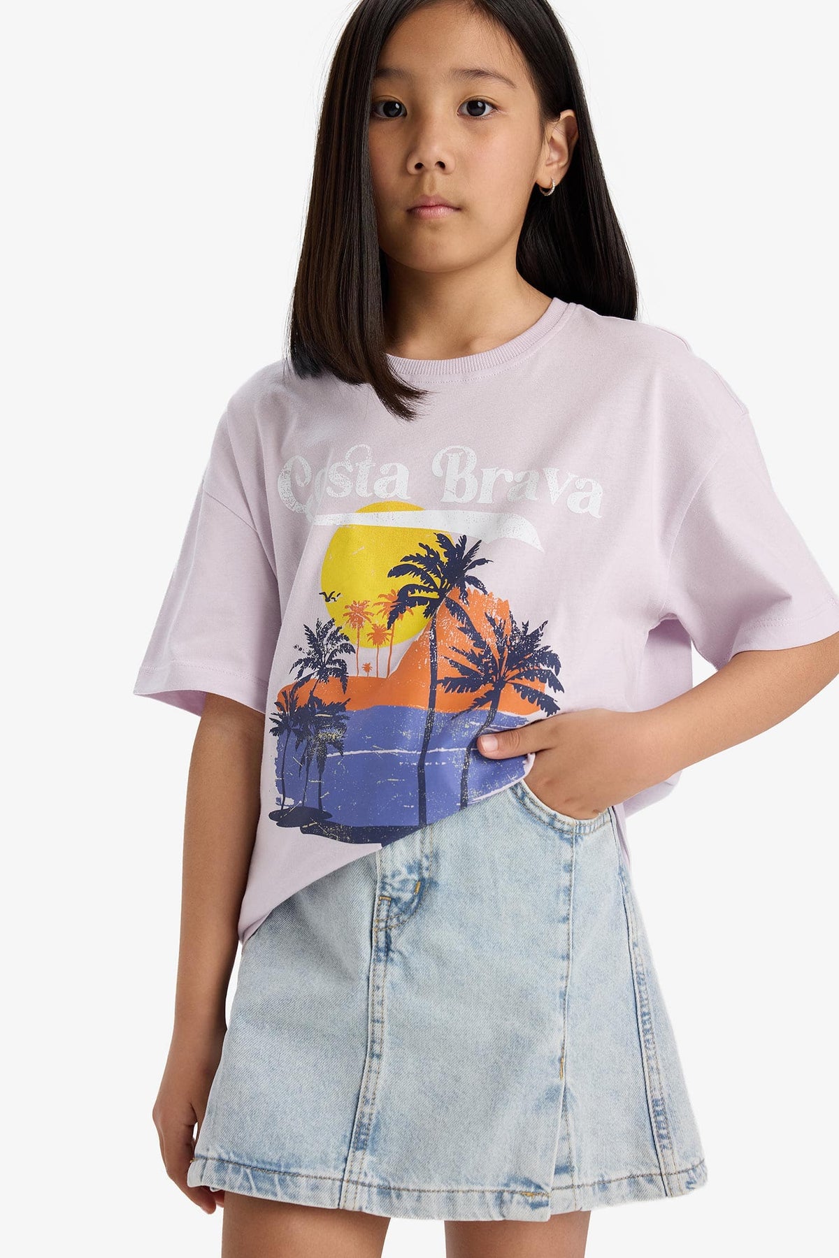 Girls Oversize Wide Pattern Crew Neck Printed Short Sleeve T-Shirt
