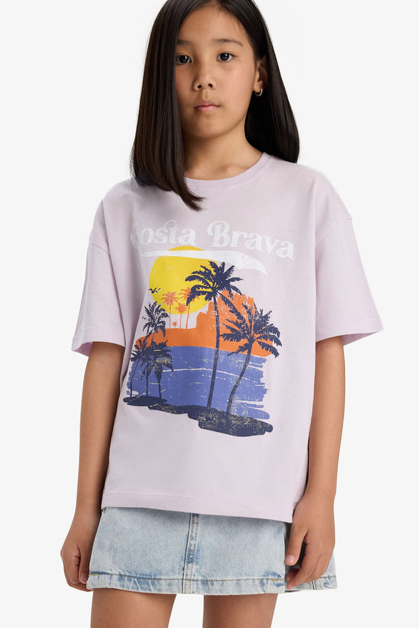 Girls Oversize Wide Pattern Crew Neck Printed Short Sleeve T-Shirt
