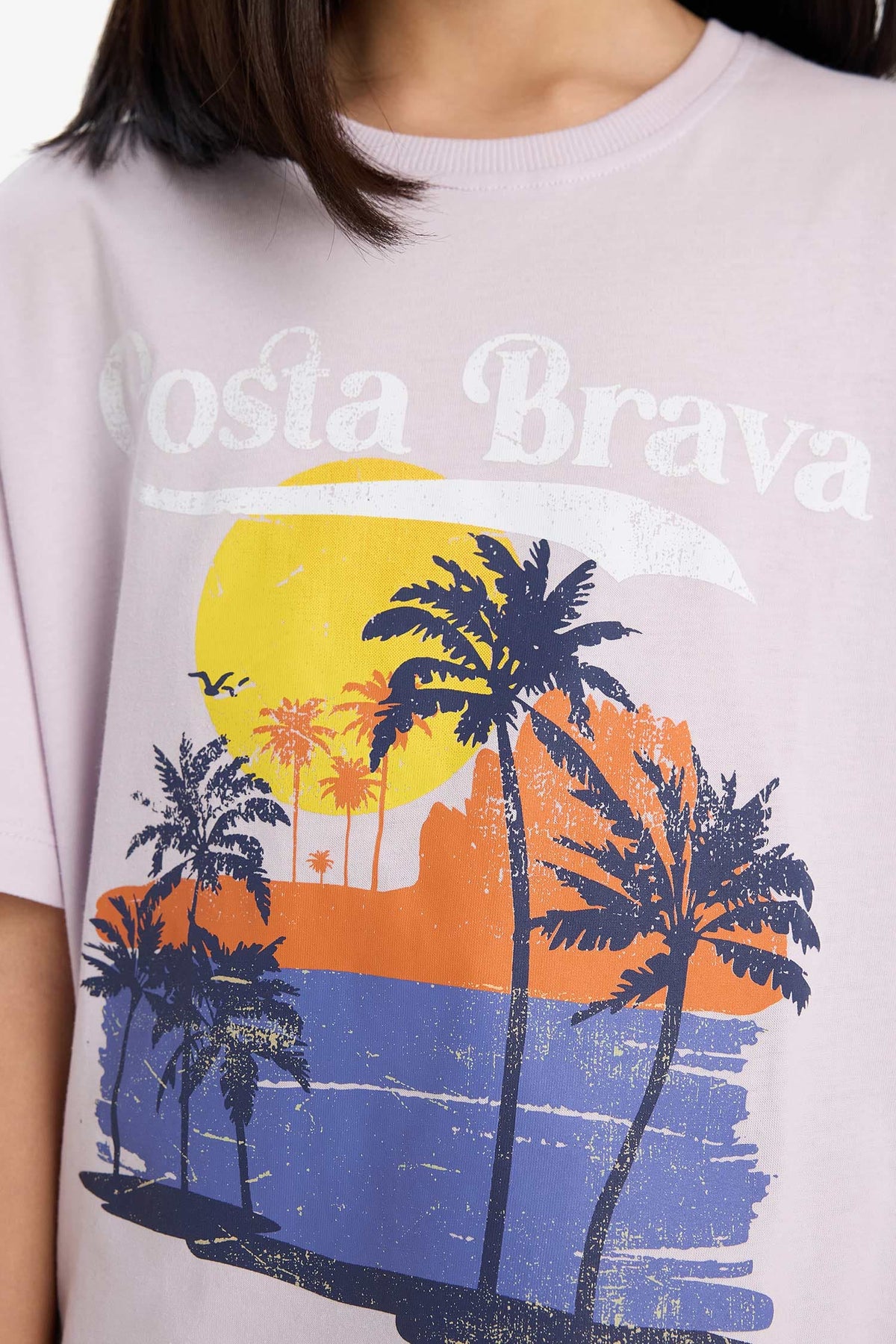 Girls Oversize Wide Pattern Crew Neck Printed Short Sleeve T-Shirt