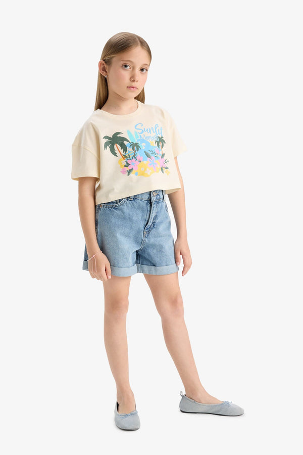Girls Crop Crew Neck Printed Short Sleeve T-Shirt