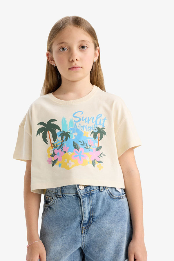 Girls Crop Crew Neck Printed Short Sleeve T-Shirt