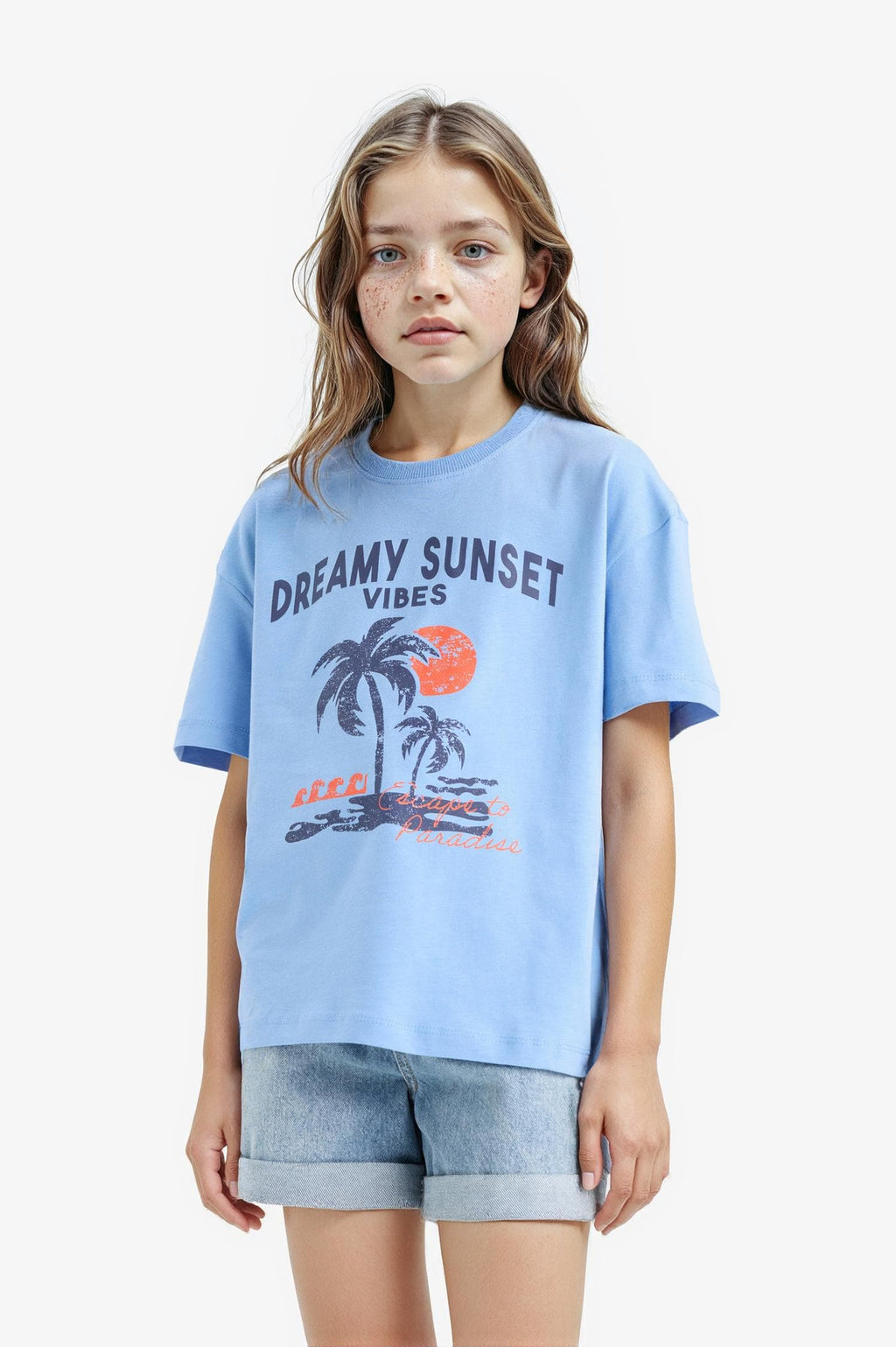 Girl Relax Fit Palm Printed Crew Neck Short Sleeve T-Shirt