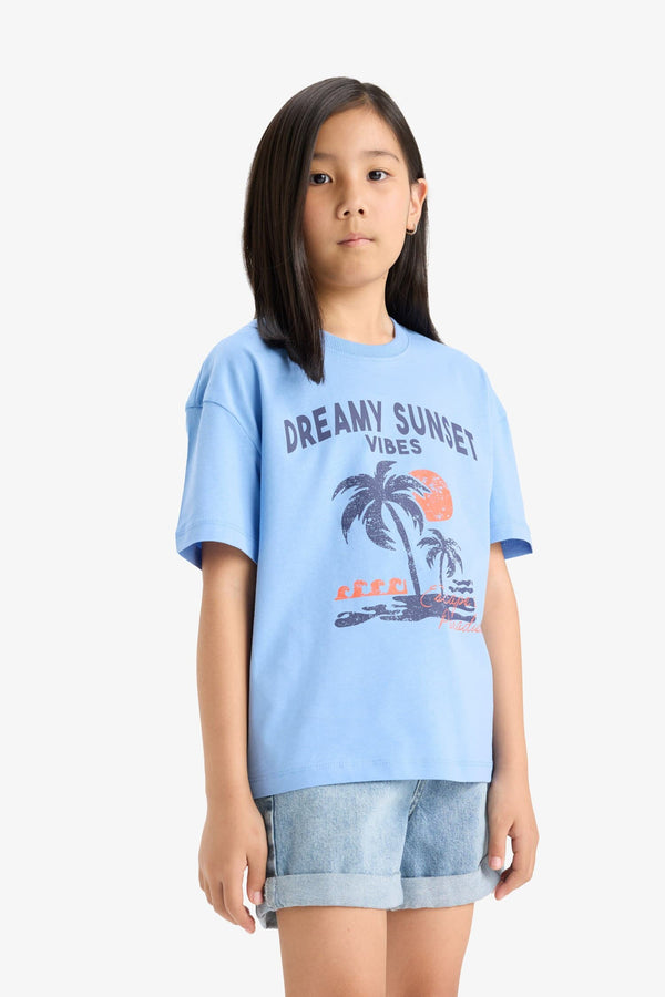 Girl Relax Fit Palm Printed Crew Neck Short Sleeve T-Shirt