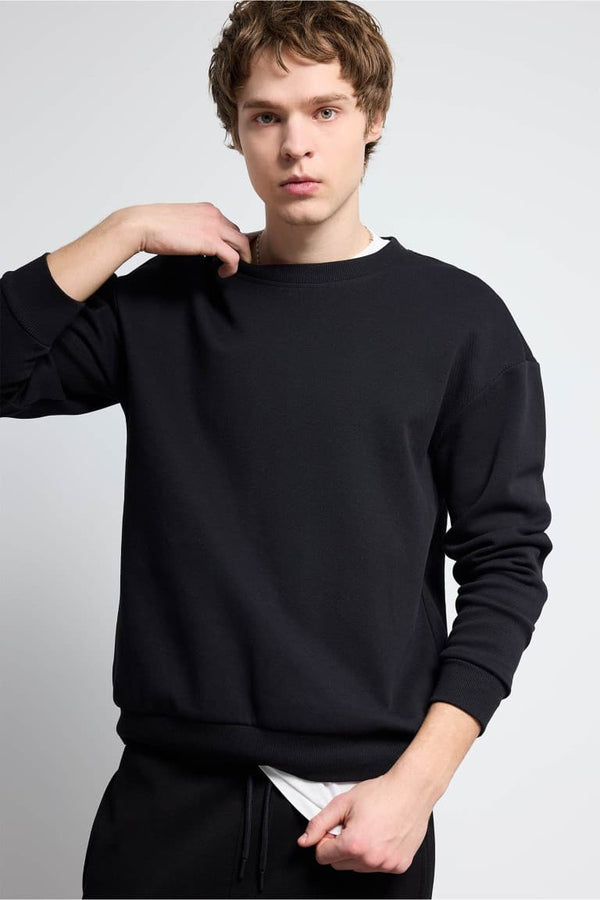 Boxy Fit Crew Neck Basic Plain Pique Sweatshirt