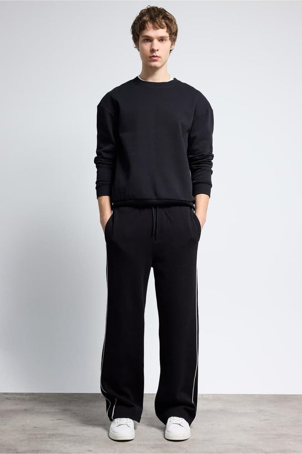 Boxy Fit Crew Neck Basic Plain Pique Sweatshirt