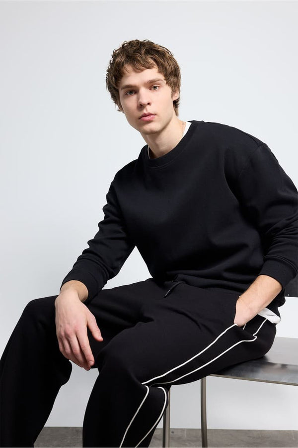 Boxy Fit Crew Neck Basic Plain Pique Sweatshirt