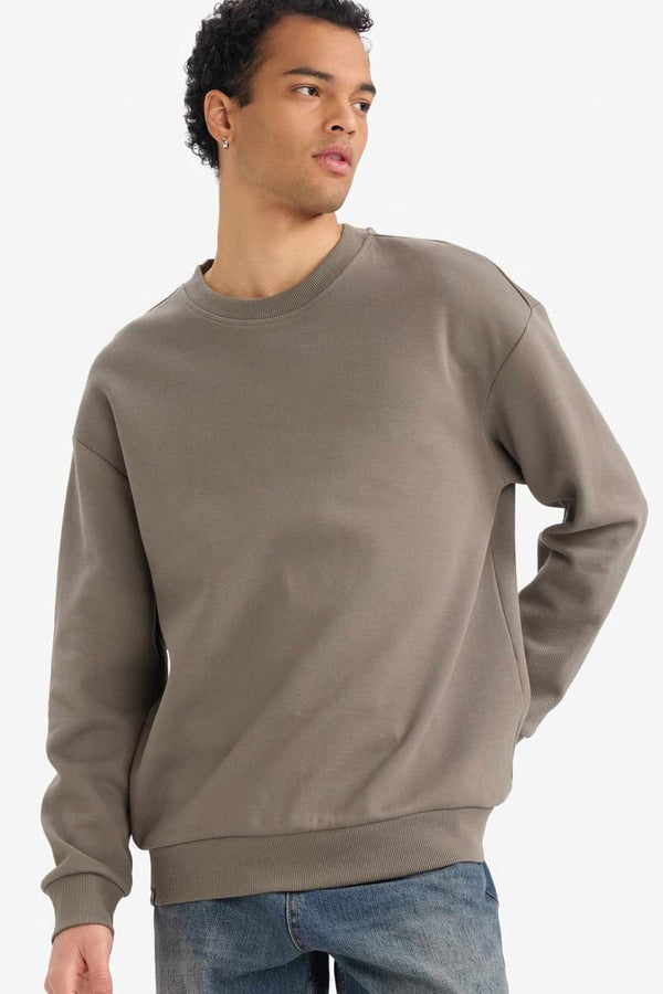 Boxy Fit Crew Neck Basic Plain Pique Sweatshirt