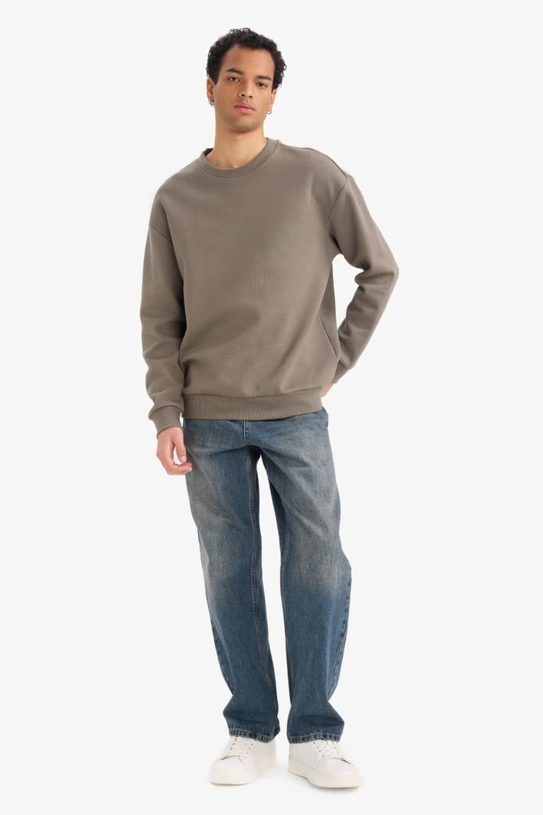 Boxy Fit Crew Neck Basic Plain Pique Sweatshirt