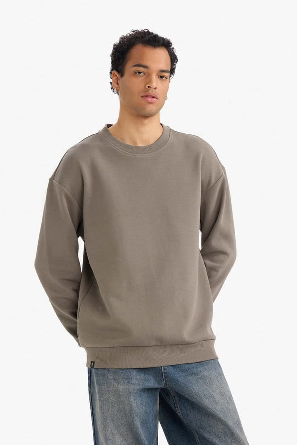 Boxy Fit Crew Neck Basic Plain Pique Sweatshirt