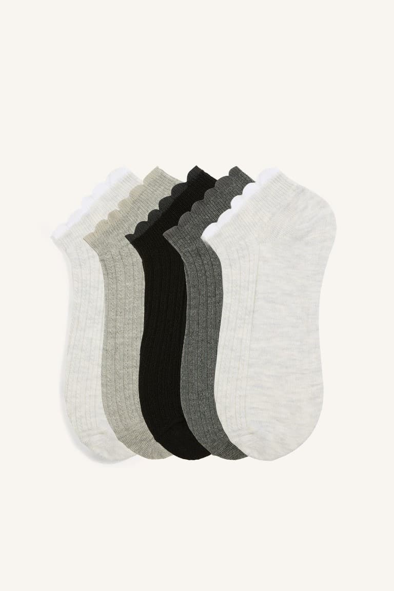Women 5 Set Wavy Edge Ribbed Cotton Booties Socks