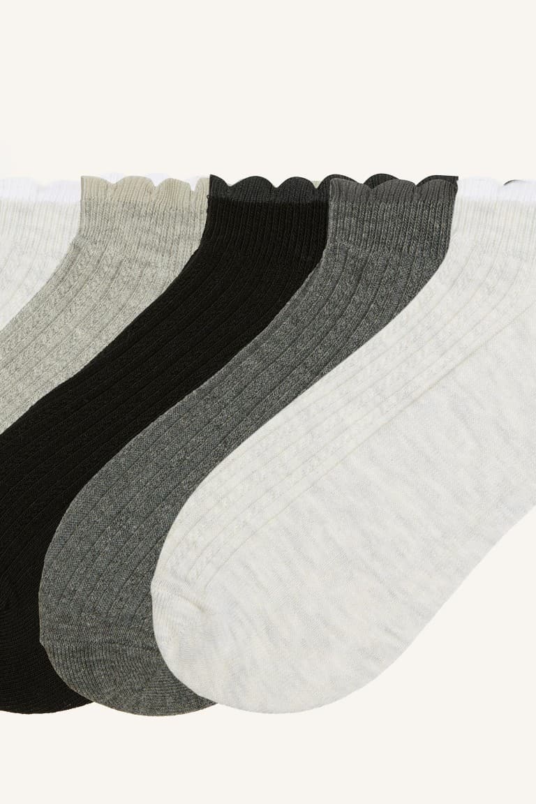 Women 5 Set Wavy Edge Ribbed Cotton Booties Socks