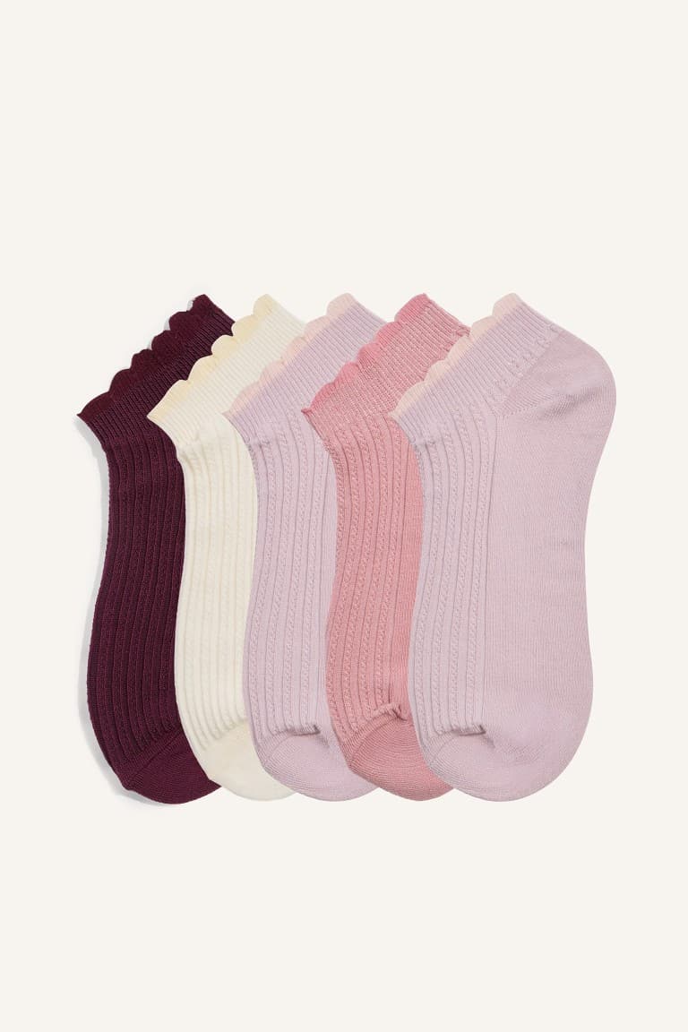 Women 5 Set Wavy Edge Ribbed Cotton Booties Socks