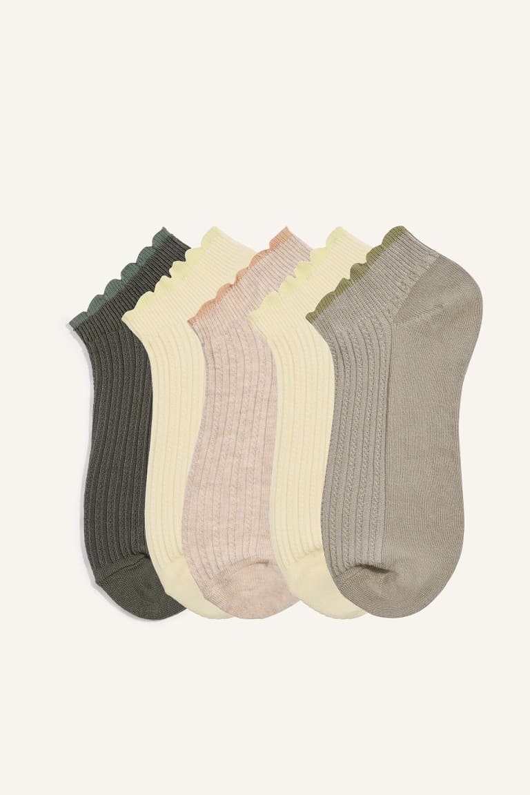 Women 5 Set Wavy Edge Ribbed Cotton Booties Socks