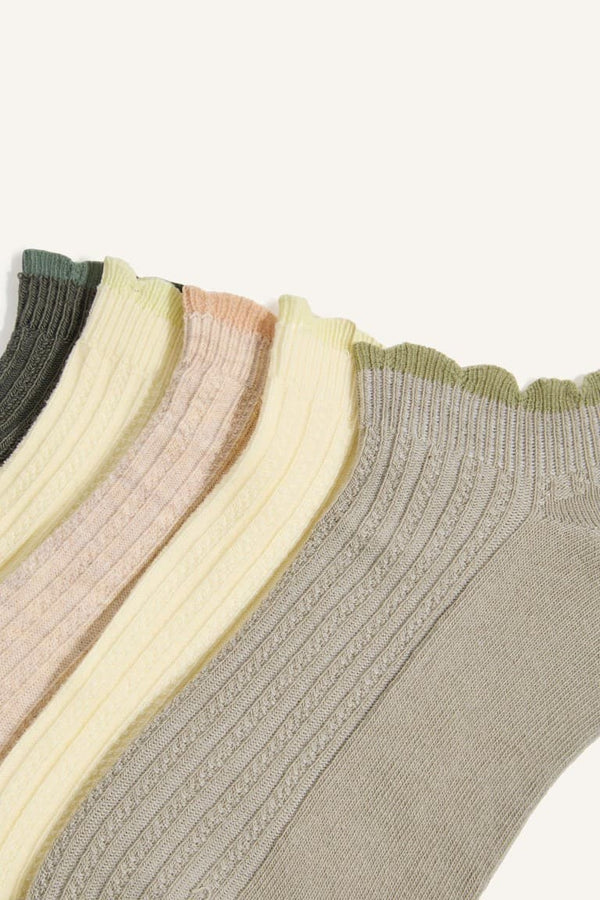 Women 5 Set Wavy Edge Ribbed Cotton Booties Socks