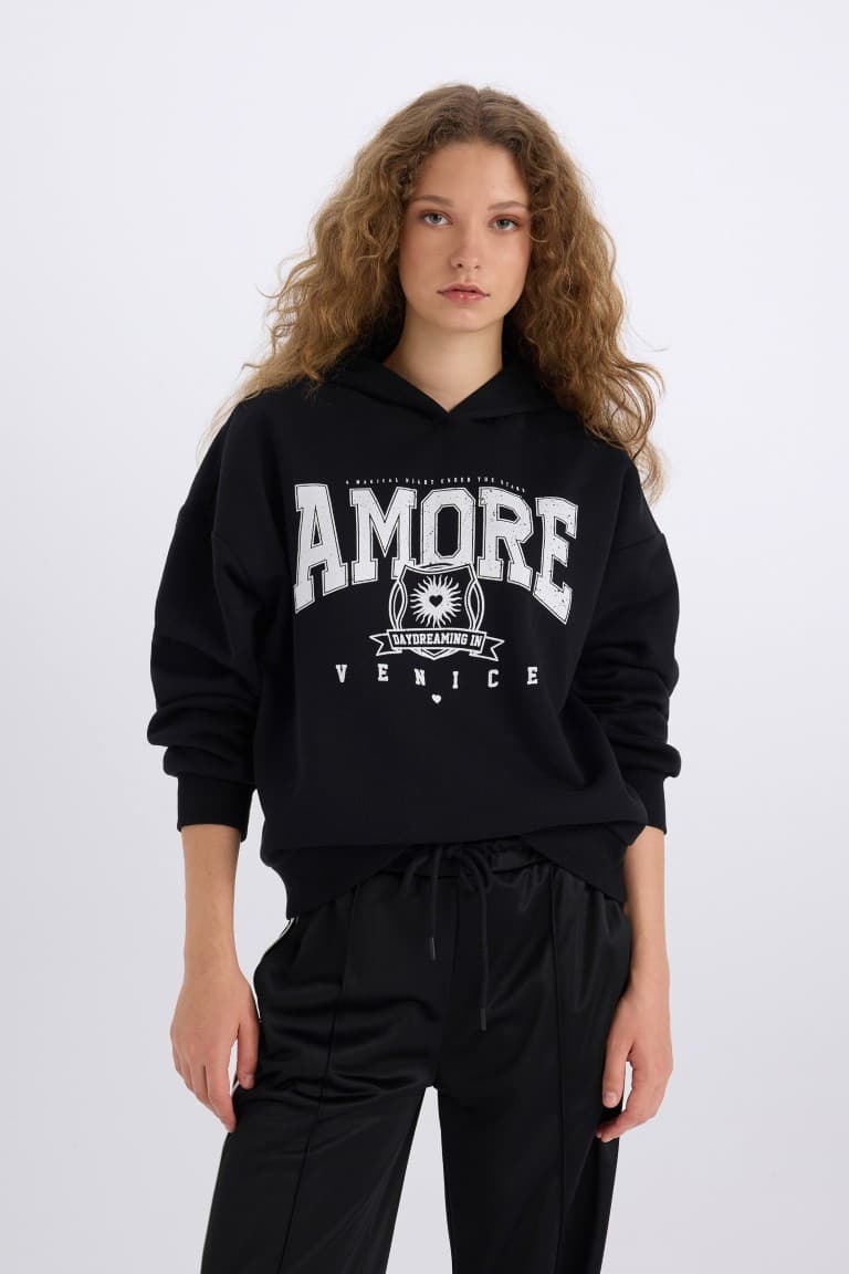 Loose Fit Hooded Printed Thick Sweatshirt