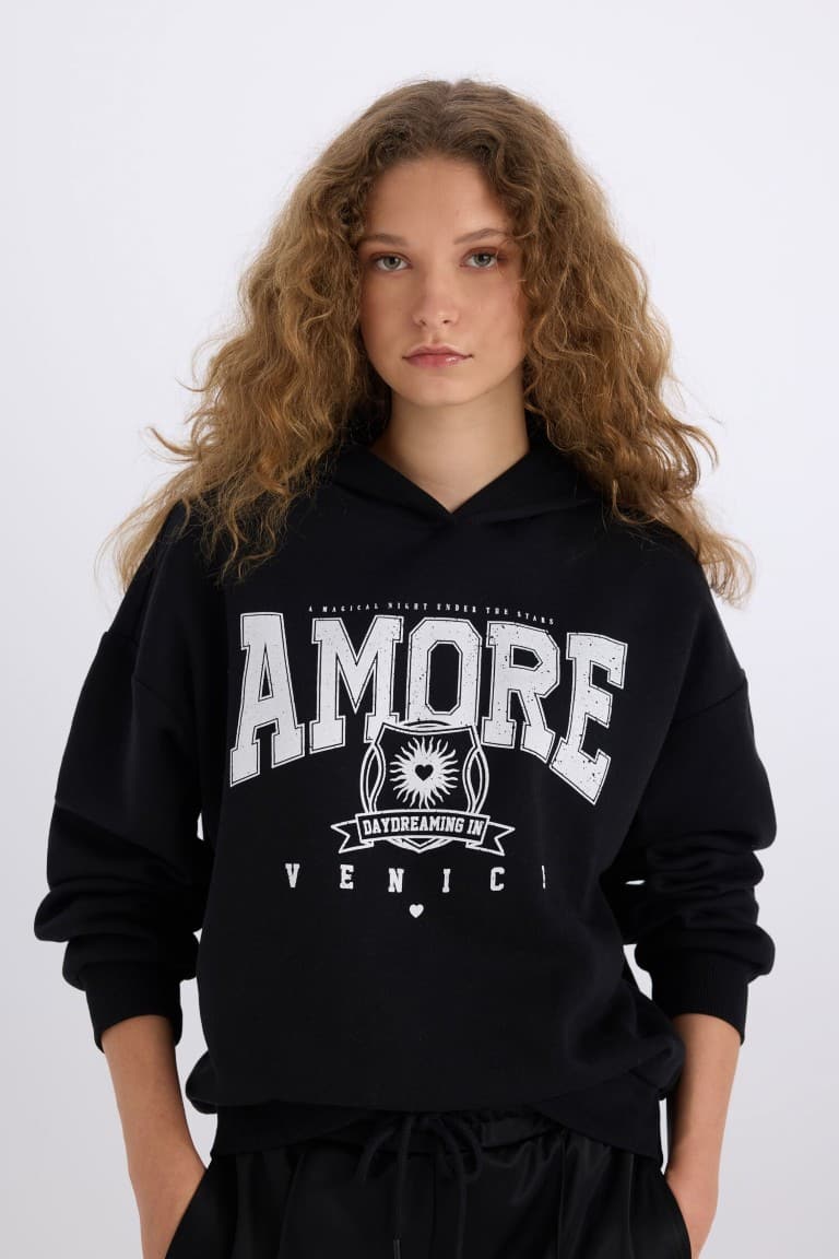 Loose Fit Hooded Printed Thick Sweatshirt