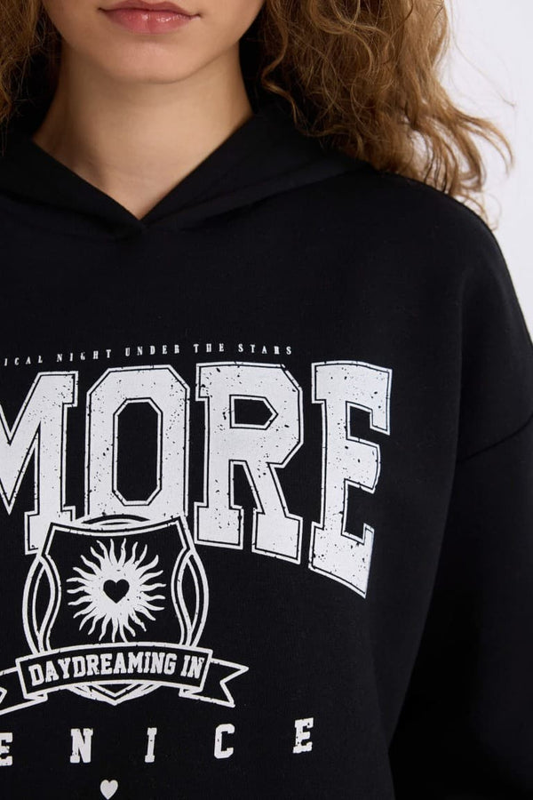 Loose Fit Hooded Printed Thick Sweatshirt