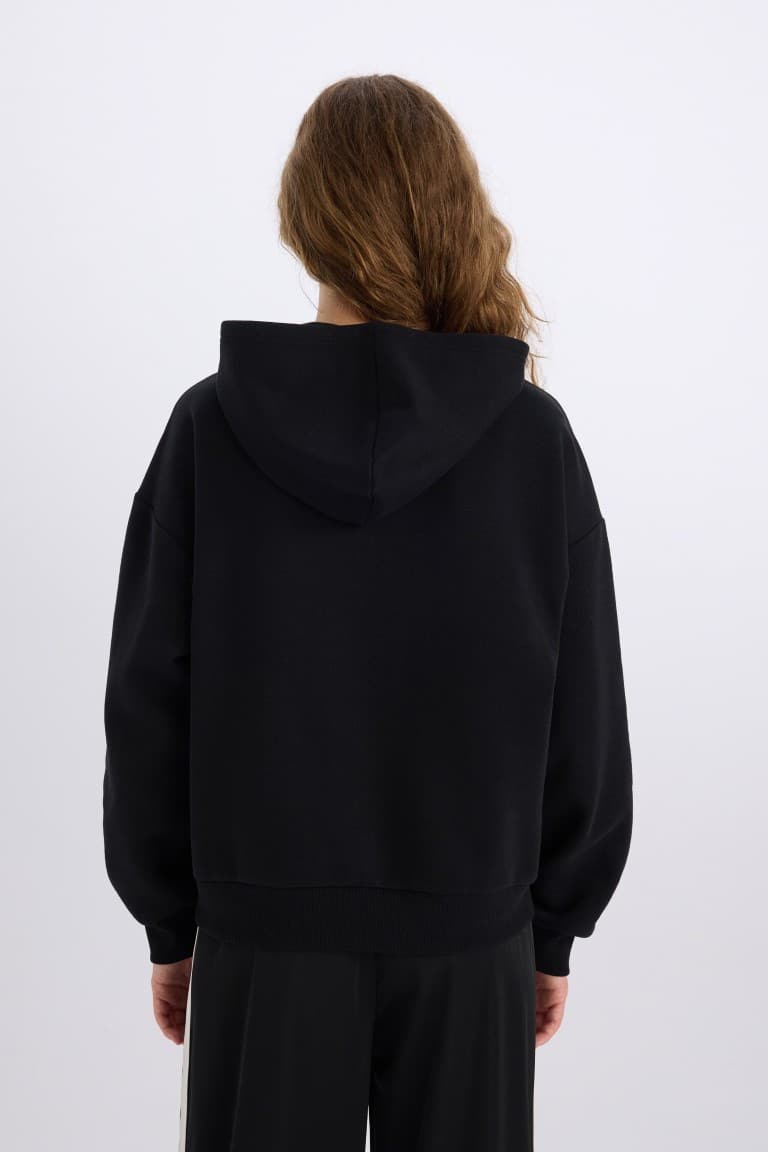 Loose Fit Hooded Printed Thick Sweatshirt