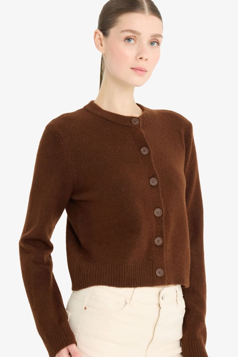 Regular Fit Crew Neck Basic Flat Buttoned Soft Touch Knit Cardigan