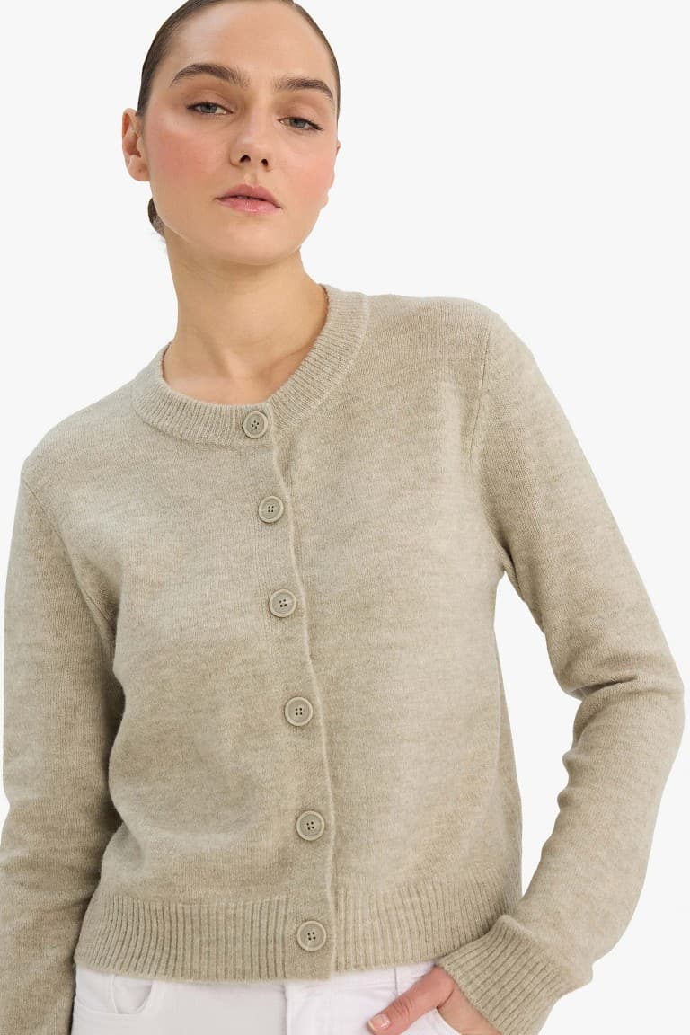 Regular Fit Crew Neck Basic Flat Buttoned Soft Touch Knit Cardigan