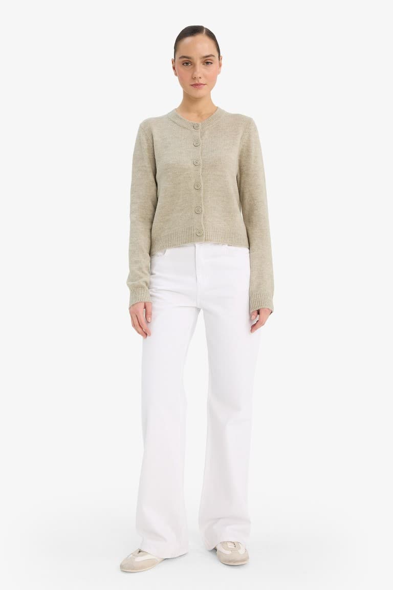 Regular Fit Crew Neck Basic Flat Buttoned Soft Touch Knit Cardigan