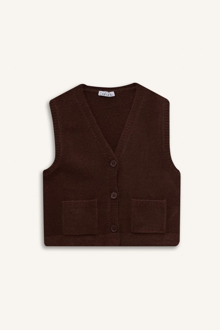 Regular Fit V-Neck Buttoned Knitted Vest with Pockets