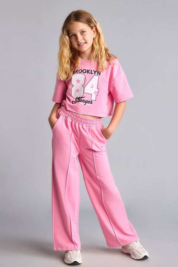 2-Pack Crop Top Wide Leg Bottom Pink Set Girl