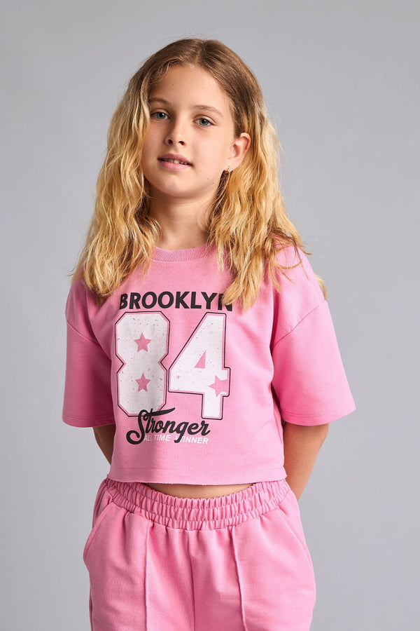 2-Pack Crop Top Wide Leg Bottom Pink Set Girl