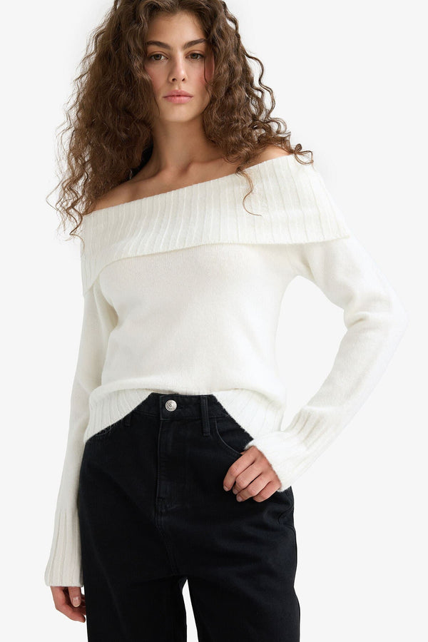 Slim Fit Slim Cut Open Shoulder Knitwear Sweater